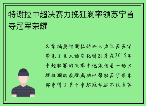 特谢拉中超决赛力挽狂澜率领苏宁首夺冠军荣耀 特谢拉中超决赛力挽狂澜率领苏宁首夺冠军荣耀